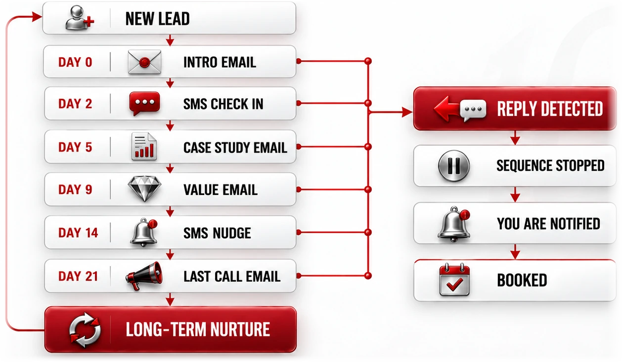 Lead nurture sequence map: six dated touches over 21 days, each branching to reply detected, sequence stopped, you are notified, booked, and the spine ending in long-term nurture