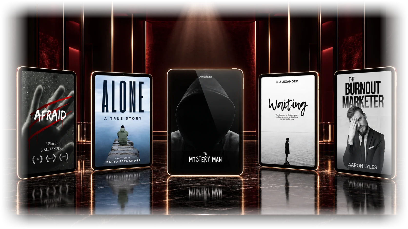 Five tablets on a marble ledge, each showing a book cover designed in the Lab