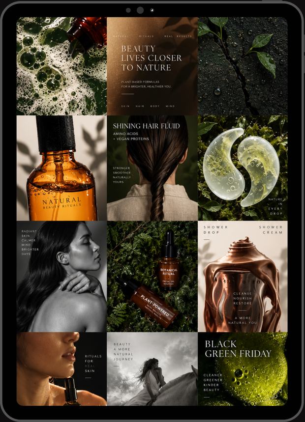 Skincare content grid shown on a tablet
